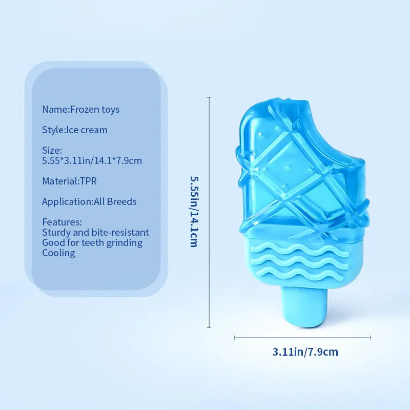 Set of four water-filled dog cooling toys in pacifier, popsicle, and ring shapes on a blue background.