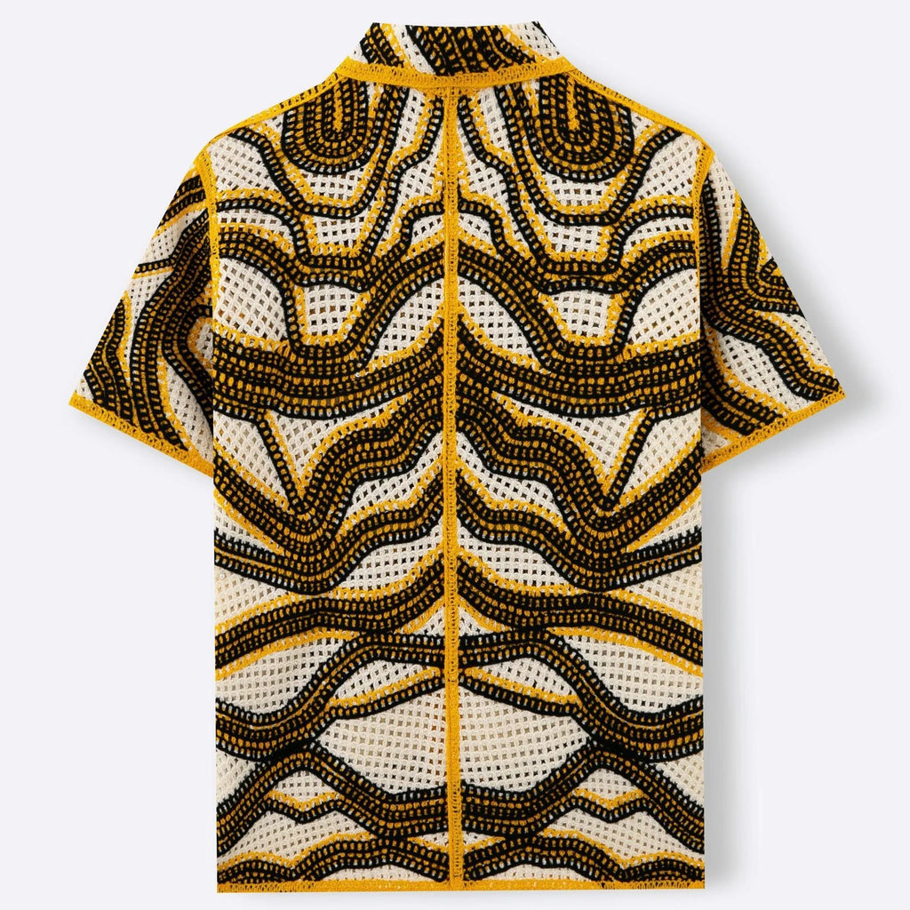 Khaki striped short sleeve cardigan with hand-crocheted texture on a hanger.