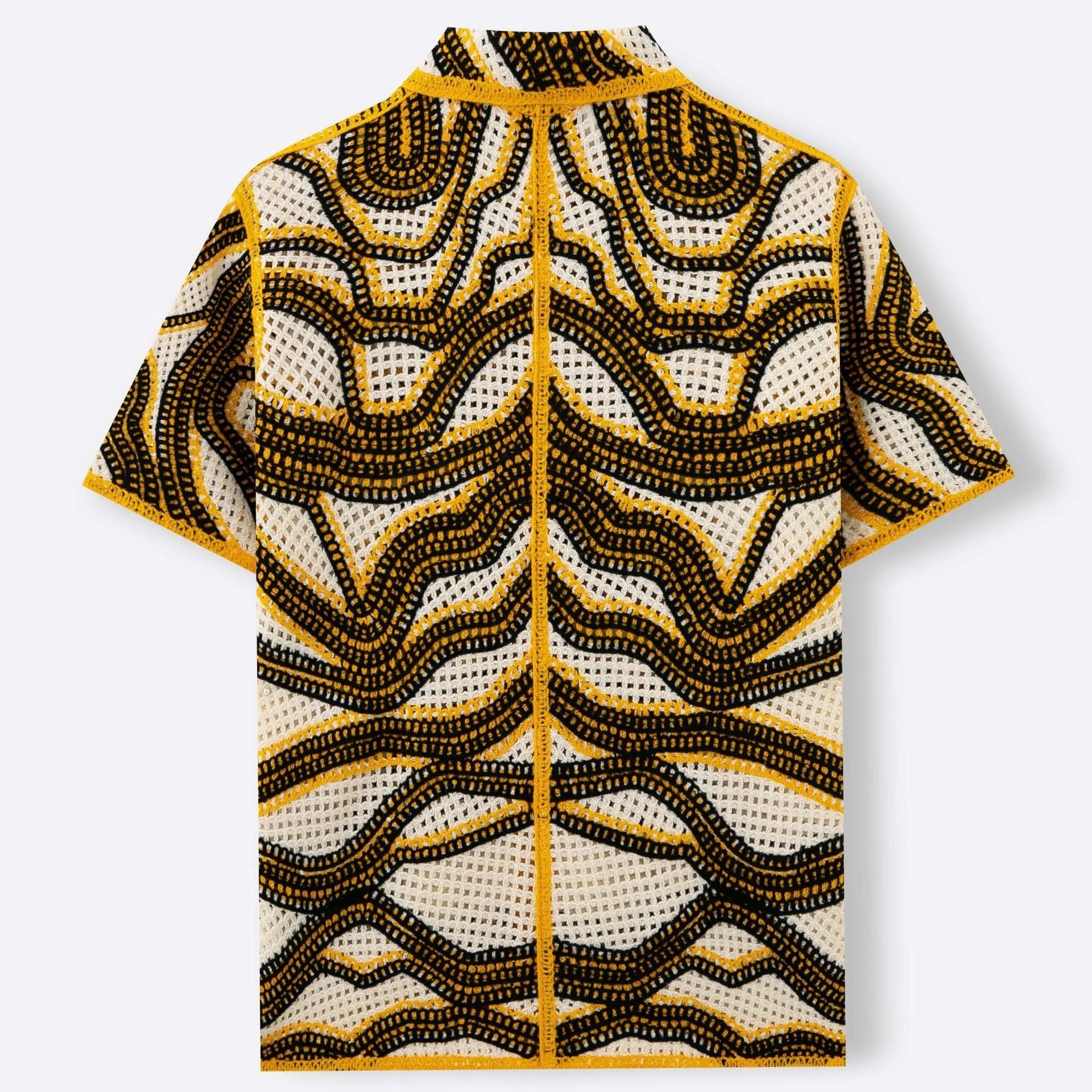 Khaki striped short sleeve cardigan with hand-crocheted texture on a hanger.