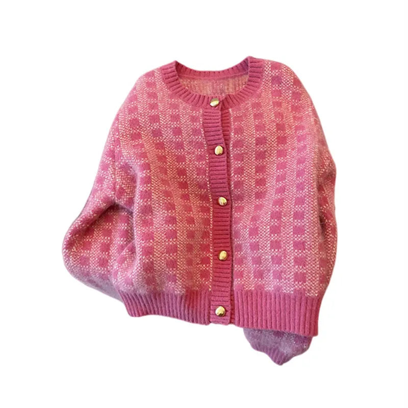 Pink plaid loose knit cardigan for women with button front, long sleeves, and 50cm length