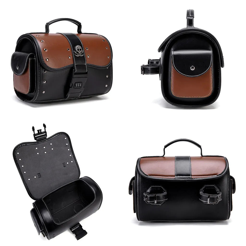 PU leather motorcycle front bag with patchwork design, mounted on handlebars.