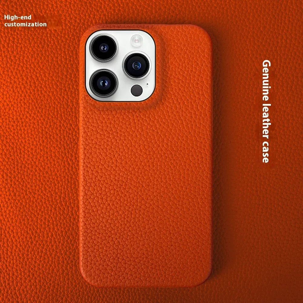 Genuine leather half pack phone case in orange, for iPhone 16 series, with anti-fall and anti-wear features