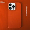 Genuine leather half pack phone case in orange, for iPhone 16 series, with anti-fall and anti-wear features
