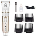 White pet electric clipper with ceramic blade, four combs, brush, and USB cable for dog grooming