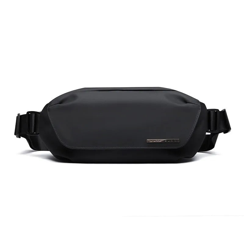 Black oxford cloth men's messenger bag with one-shoulder riding strap and decorative sewing thread.