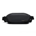 Black oxford cloth men's messenger bag with one-shoulder riding strap and decorative sewing thread.