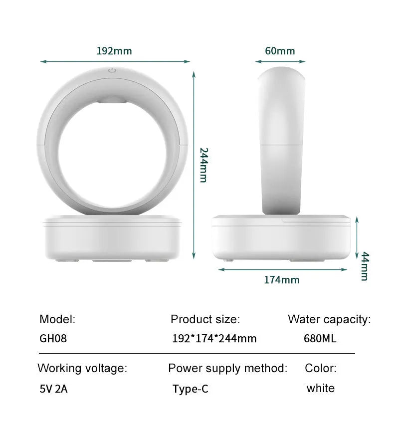 White round anti-gravity humidifier showing optical illusion of levitating water droplets on a desk.