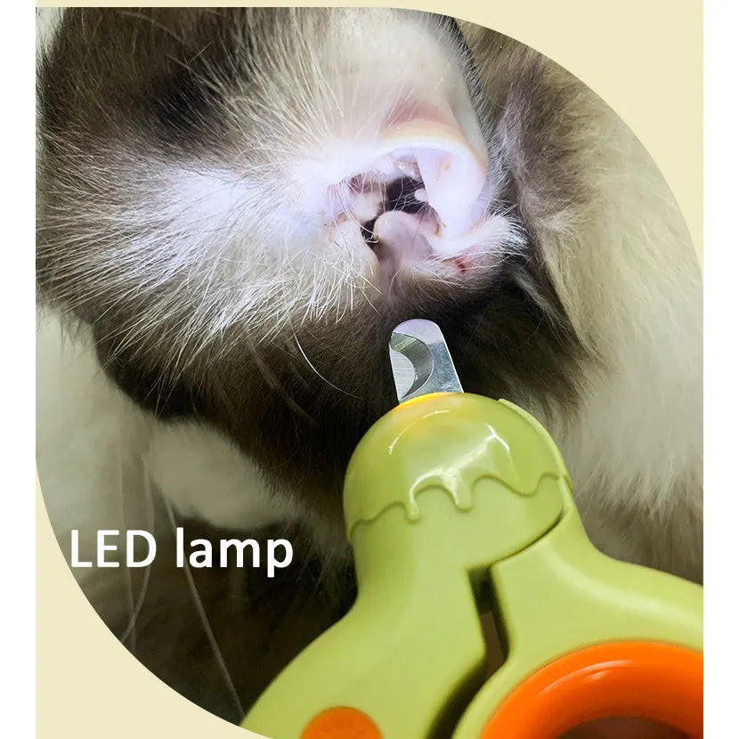 Blue pet nail clippers with LED light showing illuminated cutting area for safe nail trimming