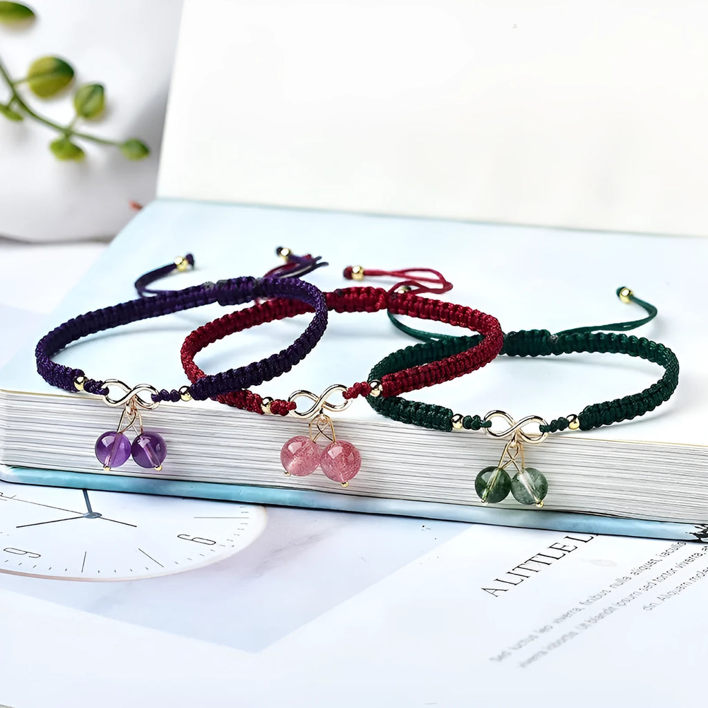 Women's natural strawberry quartz cherry bracelet with crystal fruit charms