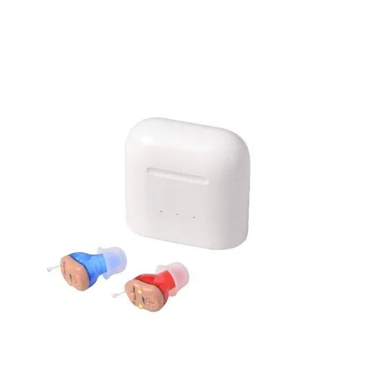 TWS G19 sound amplifier in Red Blue colour with charging silo, silicone ear tips, wireless charging action.