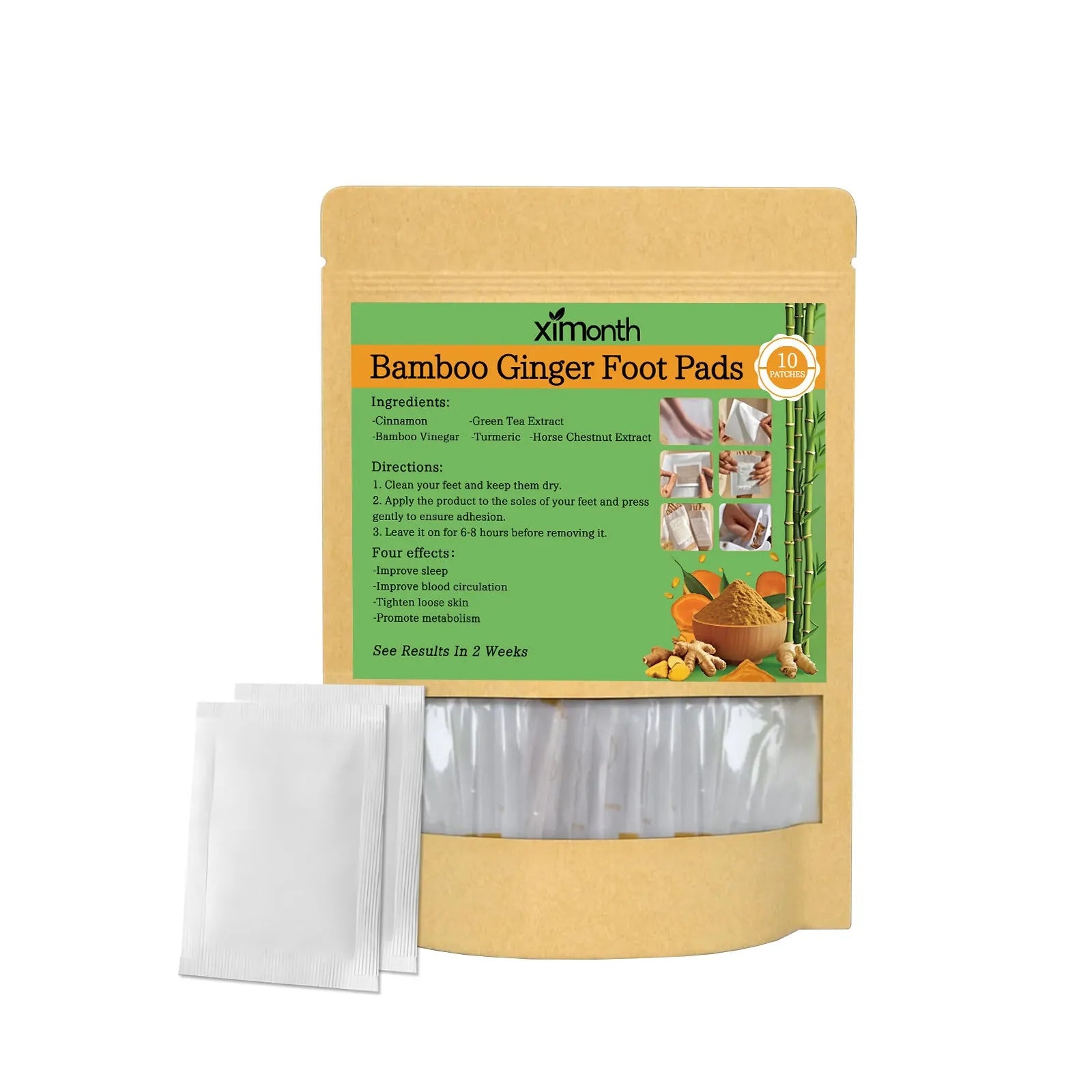 Pack of ten adhesive health patches containing ginger, turmeric, and natural oils.