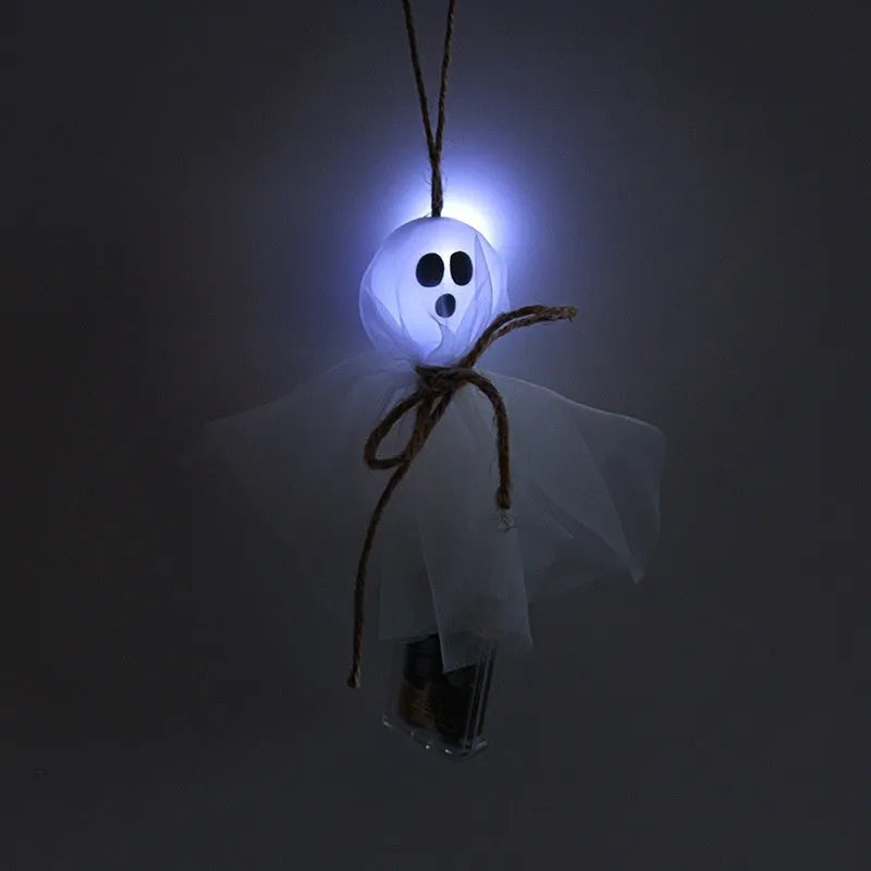 Halloween ghost-themed LED lighting chain with battery box, showing colourful lights on a PVC string.
