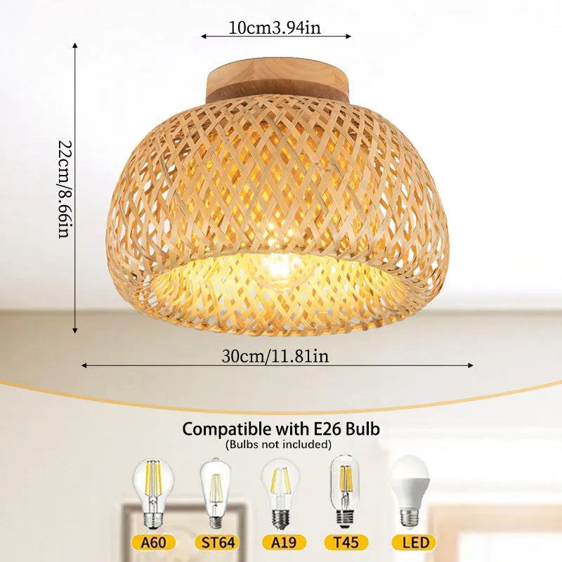 Hand-woven wooden ceiling lamp yellow finish, 30x22cm, with wooden shade and PVC accent, single light source.