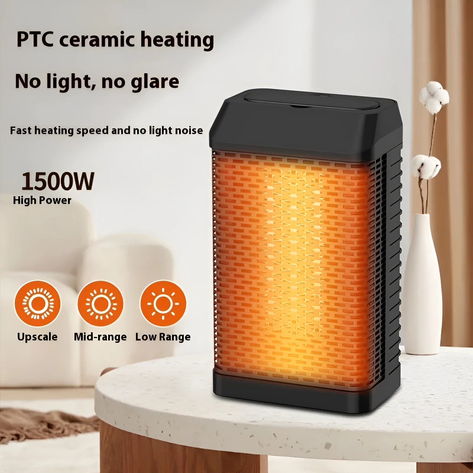 Black desktop electric heater with remote control on a wooden desk