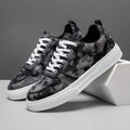 Men's low-top blue canvas sneakers with white platform sole and lace-up front.