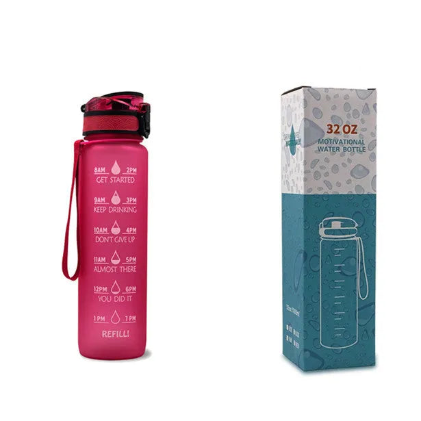 Blue-red gradient 1L Tritan water bottle with time markers and flip-top lid on a gym bag