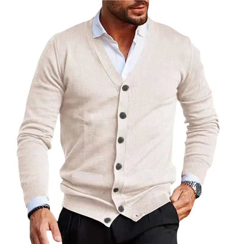 Men's slim fit acrylic cardigan sweater in creamy white colour, long sleeve for autumn winter.