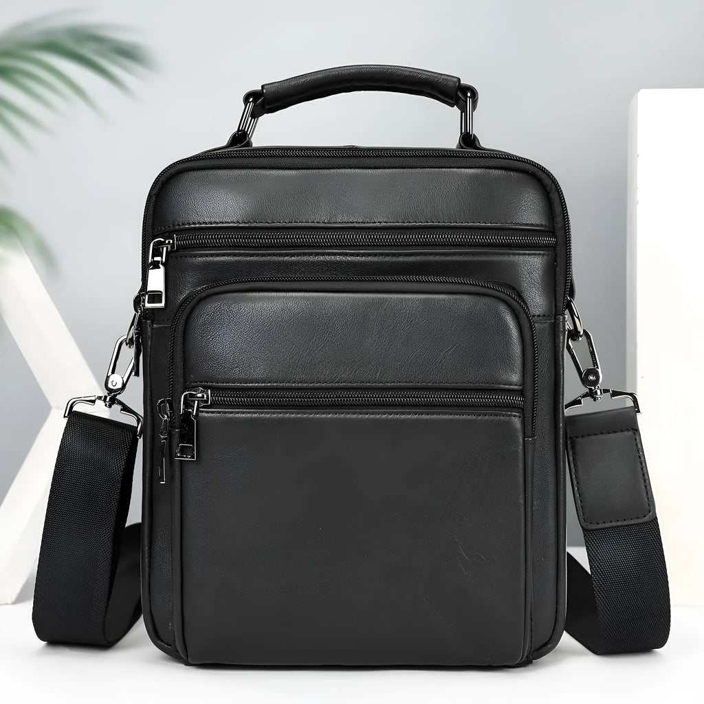 Men's genuine leather shoulder messenger bag black solid colour with visible sewing line details
