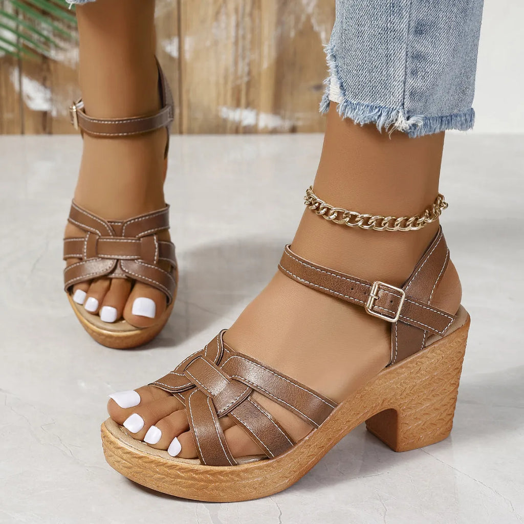 Plus size Roman women's peep toe sandals with chunky heel and ankle buckle in black