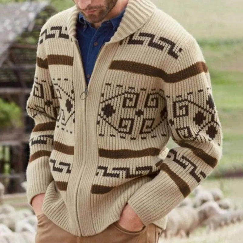 Men's jacquard cardigan jacket with lapel collar and long sleeves in khaki, grey, or navy blue.