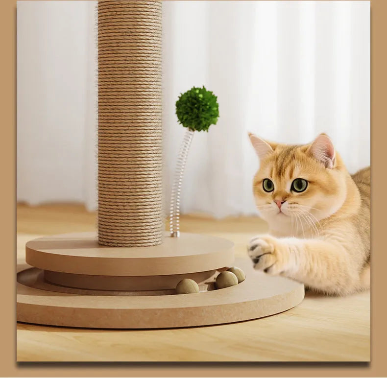 Vertical cat scratching post with natural hemp rope column and square wooden perch in Canna finish.