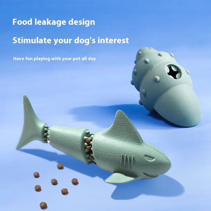 Deep sea shark rubber dog chew toy in marine blue and green colour variants.