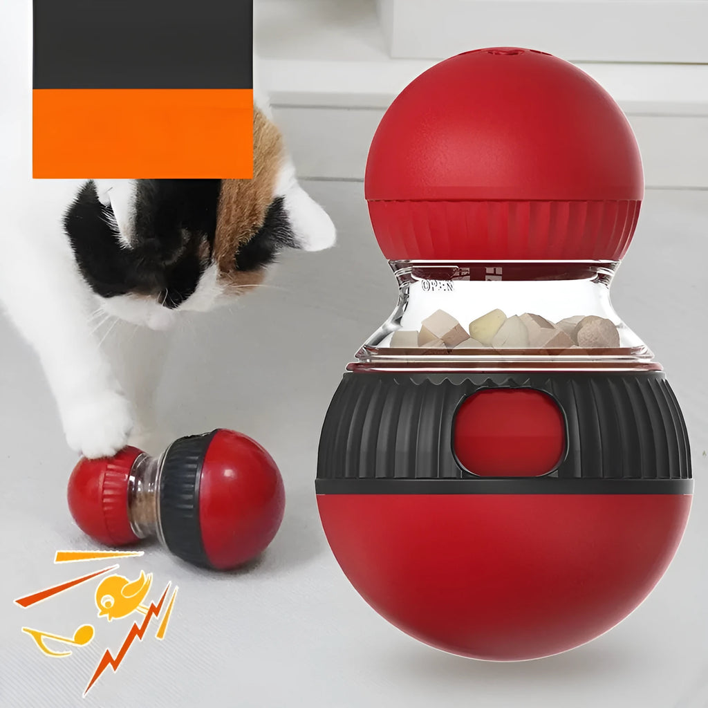 Plastic rotating cat toy with sound and food-dropping mechanism in super ball colour design.