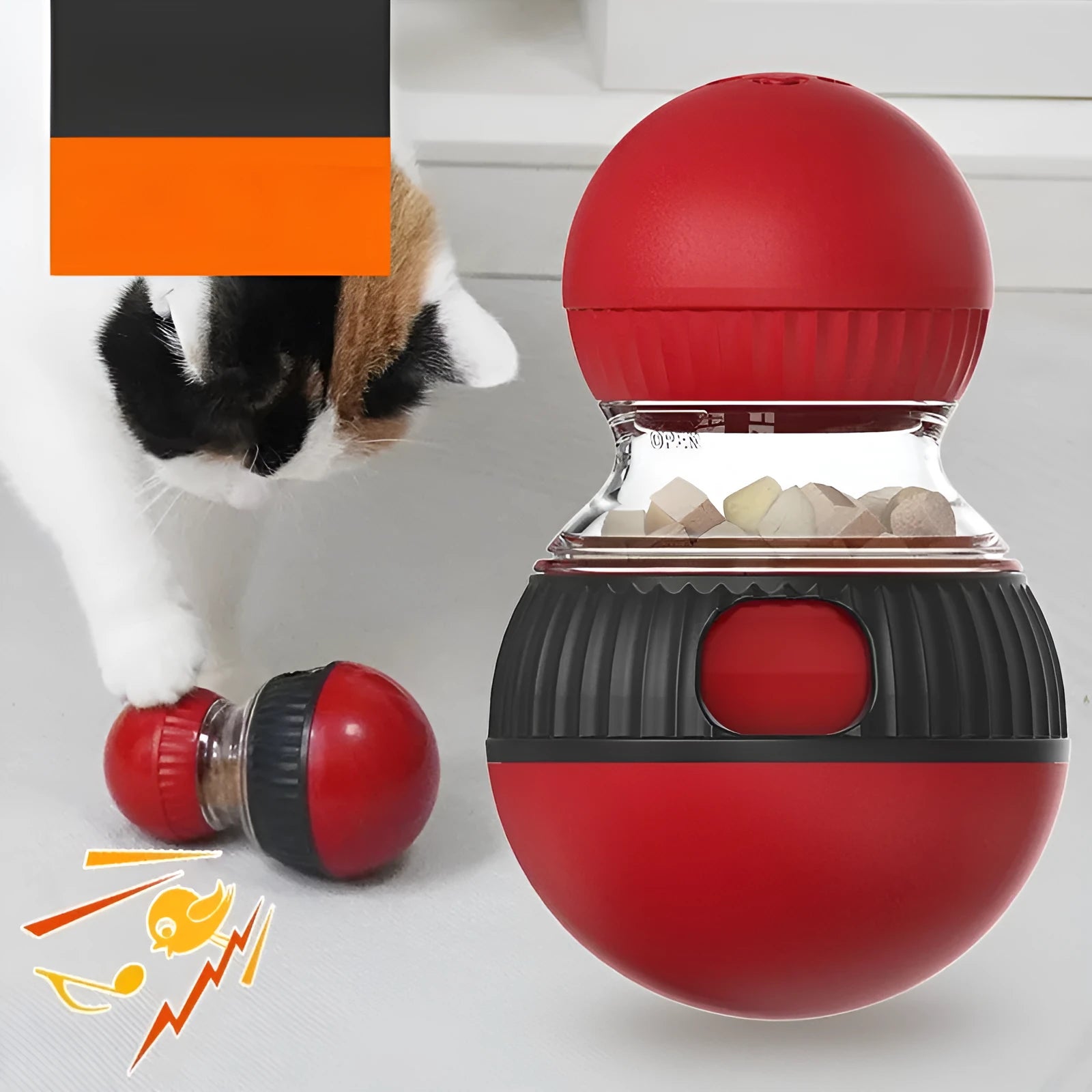 Plastic rotating cat toy with sound and food-dropping mechanism in super ball colour design.