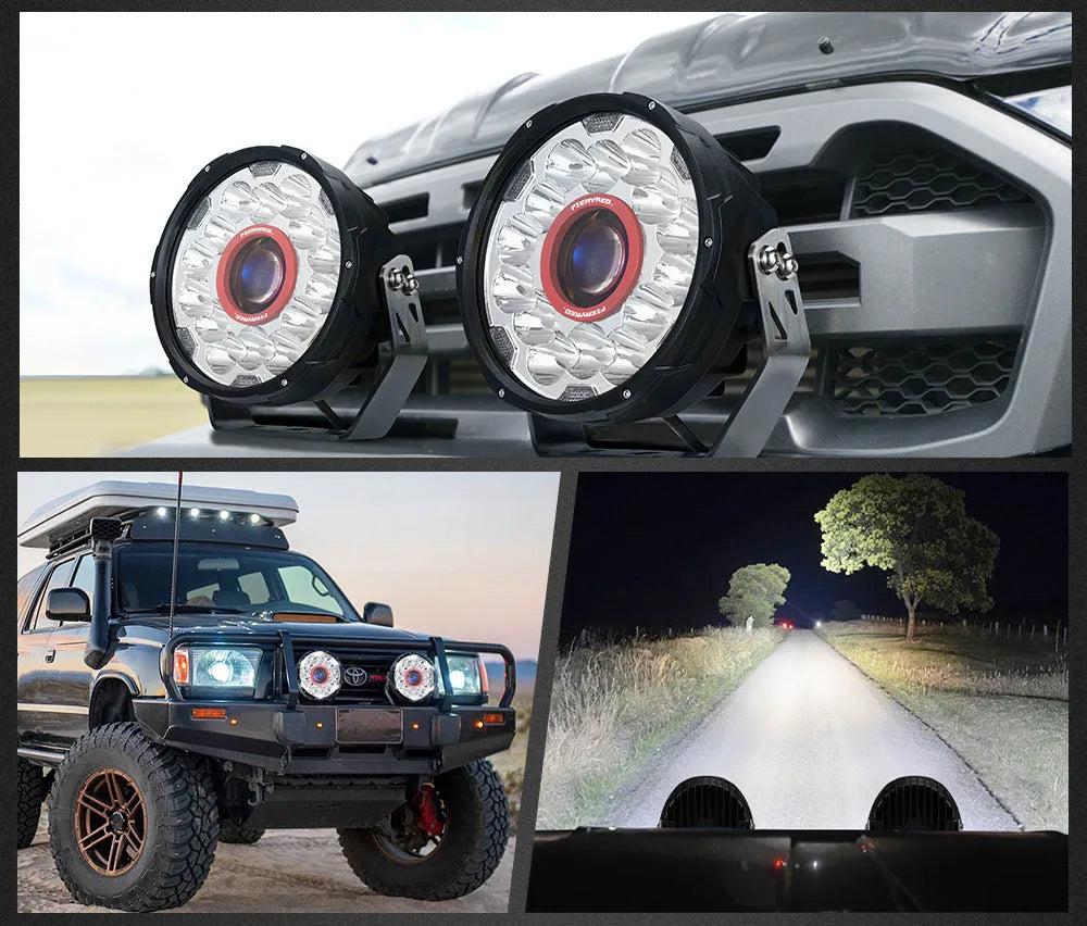 7-inch round LED waterproof car lights with red housing for off-road vehicles