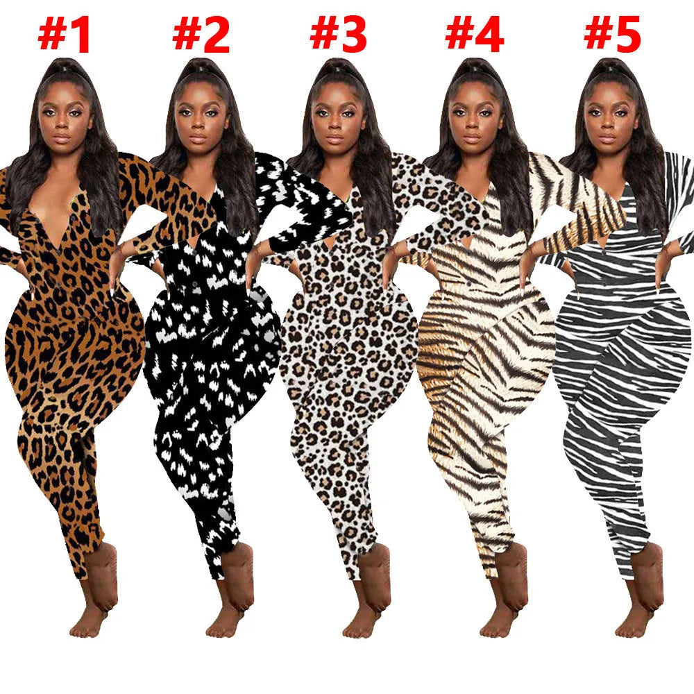 Women wearing a leopard print long-sleeved home jumpsuit with full-length trousers, mid-waist, polyester fibre, size S-XXL