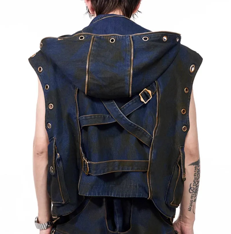 Blue hooded denim vest with front zipper and matching trousers, Korean style deconstructed design