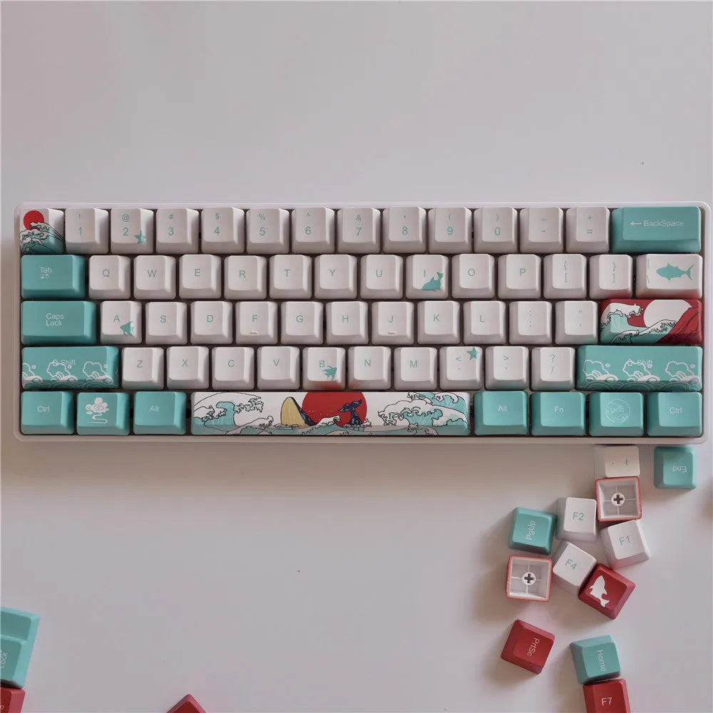 Coral Sea themed PBT dye-sublimation keycap set for mechanical keyboards, includes large custom keys.