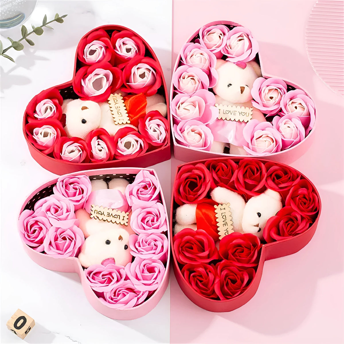 Heart-shaped red gift box with pink and red soap roses for Valentine's Day and Mother's Day gifts