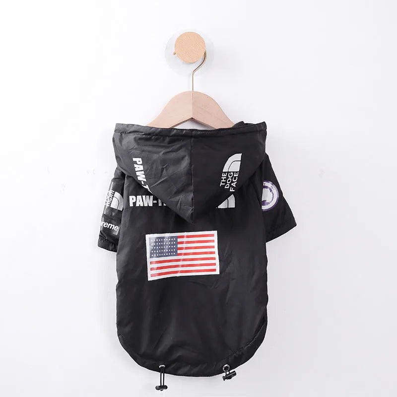 Dog shell jacket in polyester, available in sizes S-5XL, black or waste paper print.