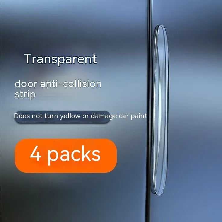 Four invisible car door bumper strips in transparent, black, and white, each 148mm x 14mm x 7mm, for universal car door edge protection.