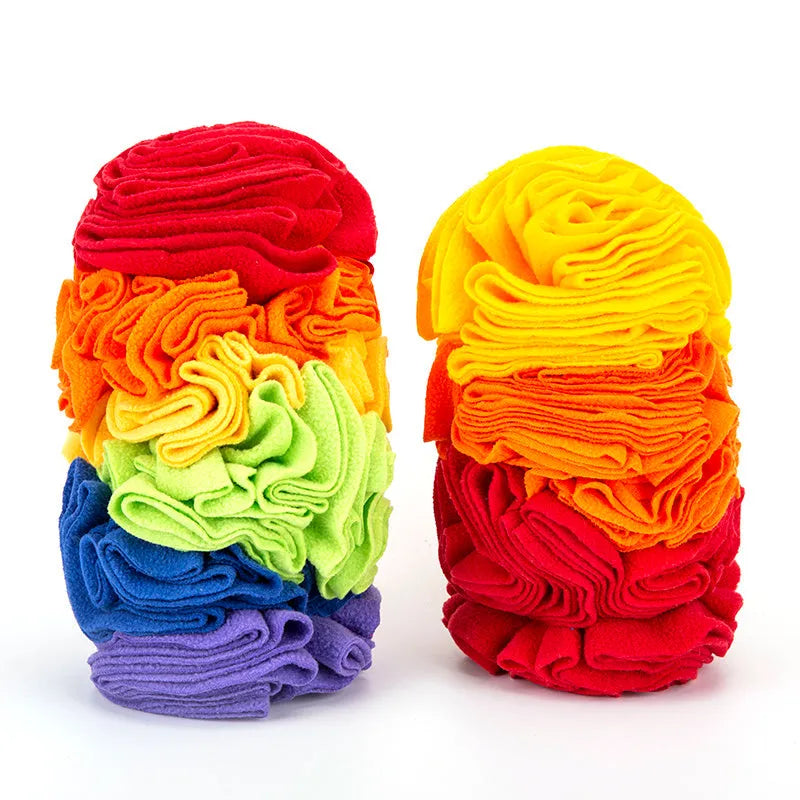 Dog snuffle pad in polar fleece fabric, 25 x 15cm puzzle training mat in Rainbow or Sunset colour