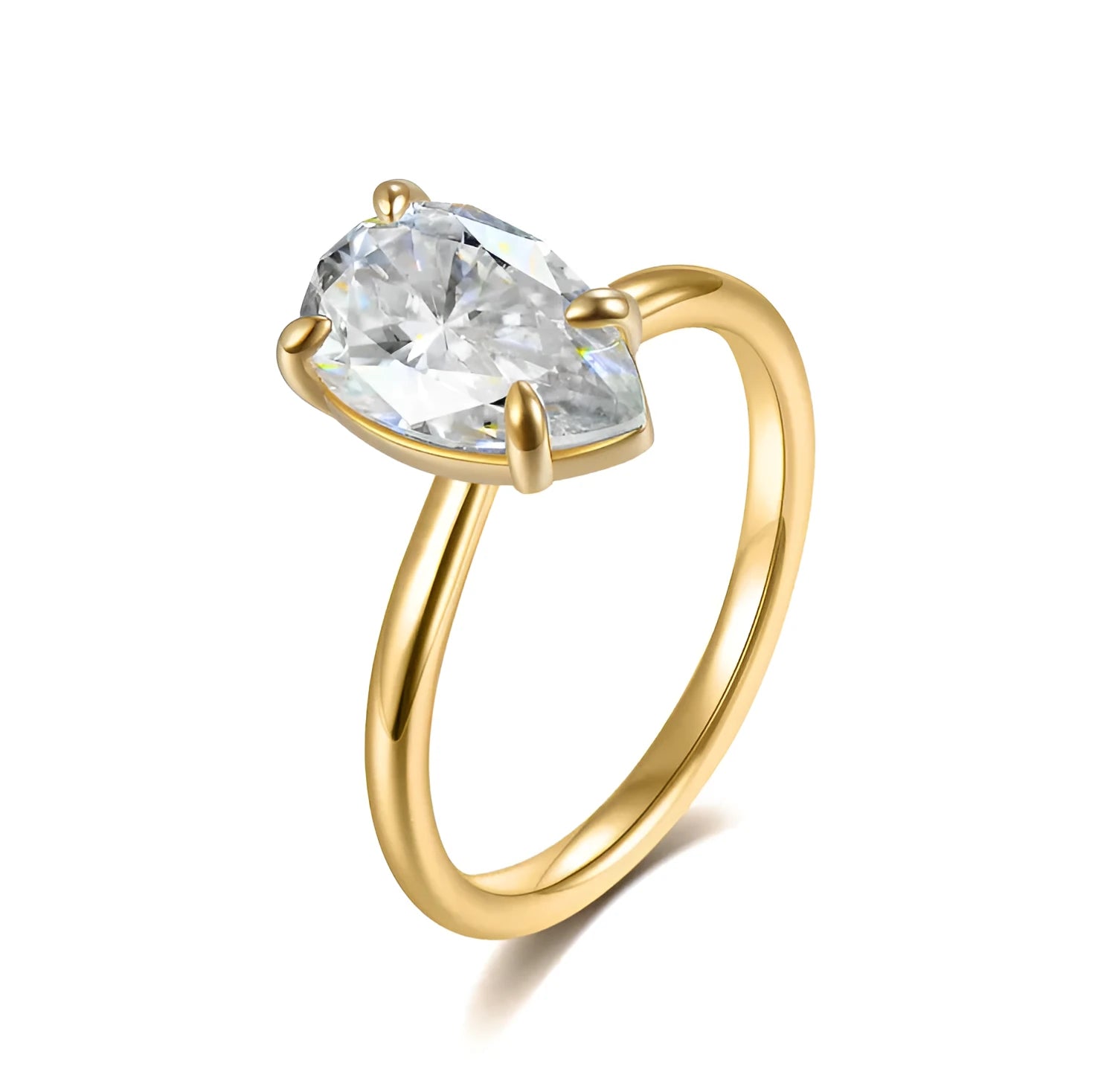 Pear-shaped moissanite ring in silver, 7x11mm stone, simple single diamond style, size 7 shown
