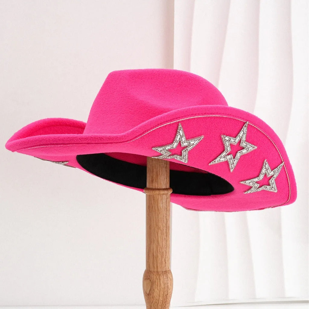 Beige woolen felt western denim top hat with a conical crown and a hexagonal star decoration on the front.