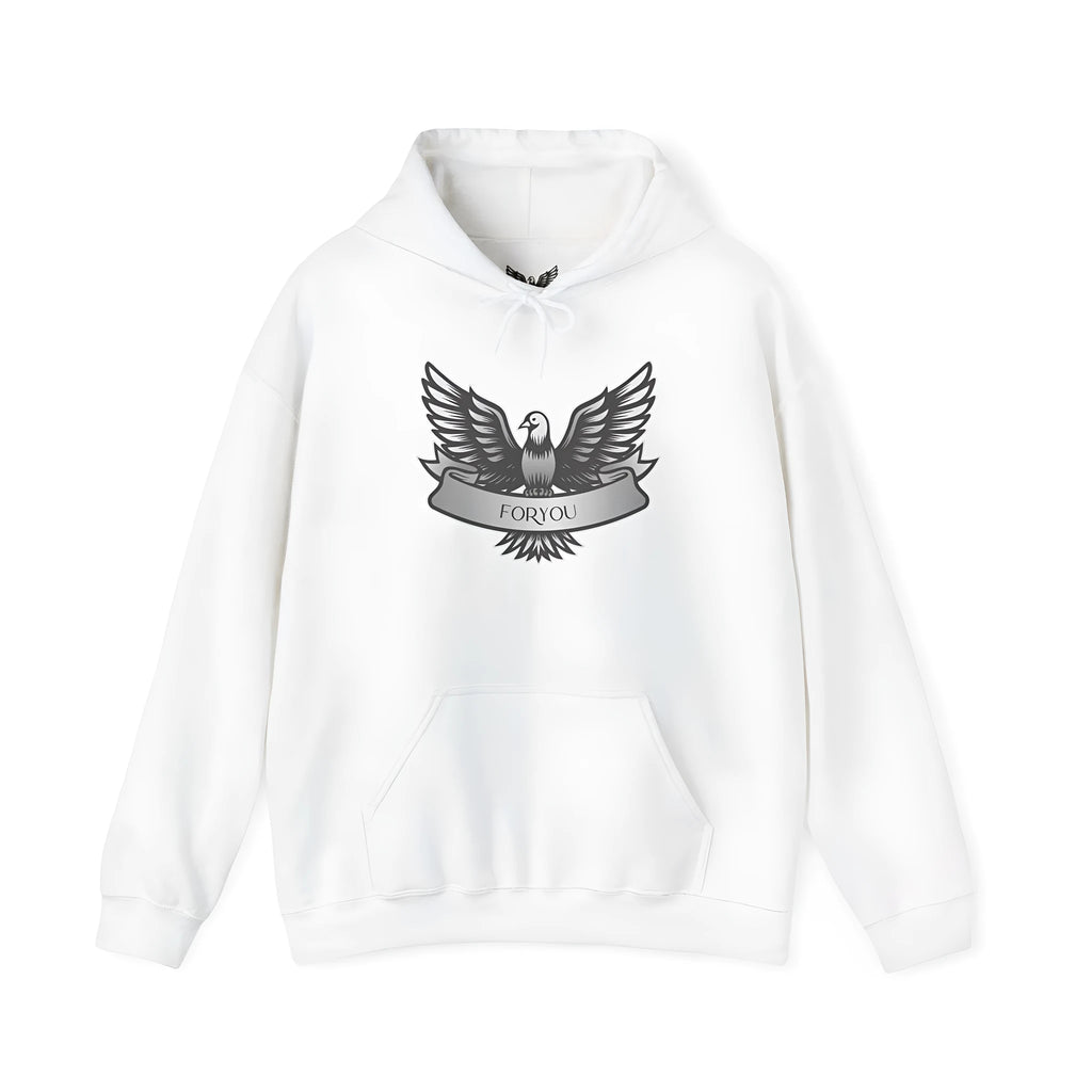 White cotton blend pullover hoodie with a hood and long sleeves laid flat.
