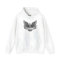 White cotton blend pullover hoodie with a hood and long sleeves laid flat.