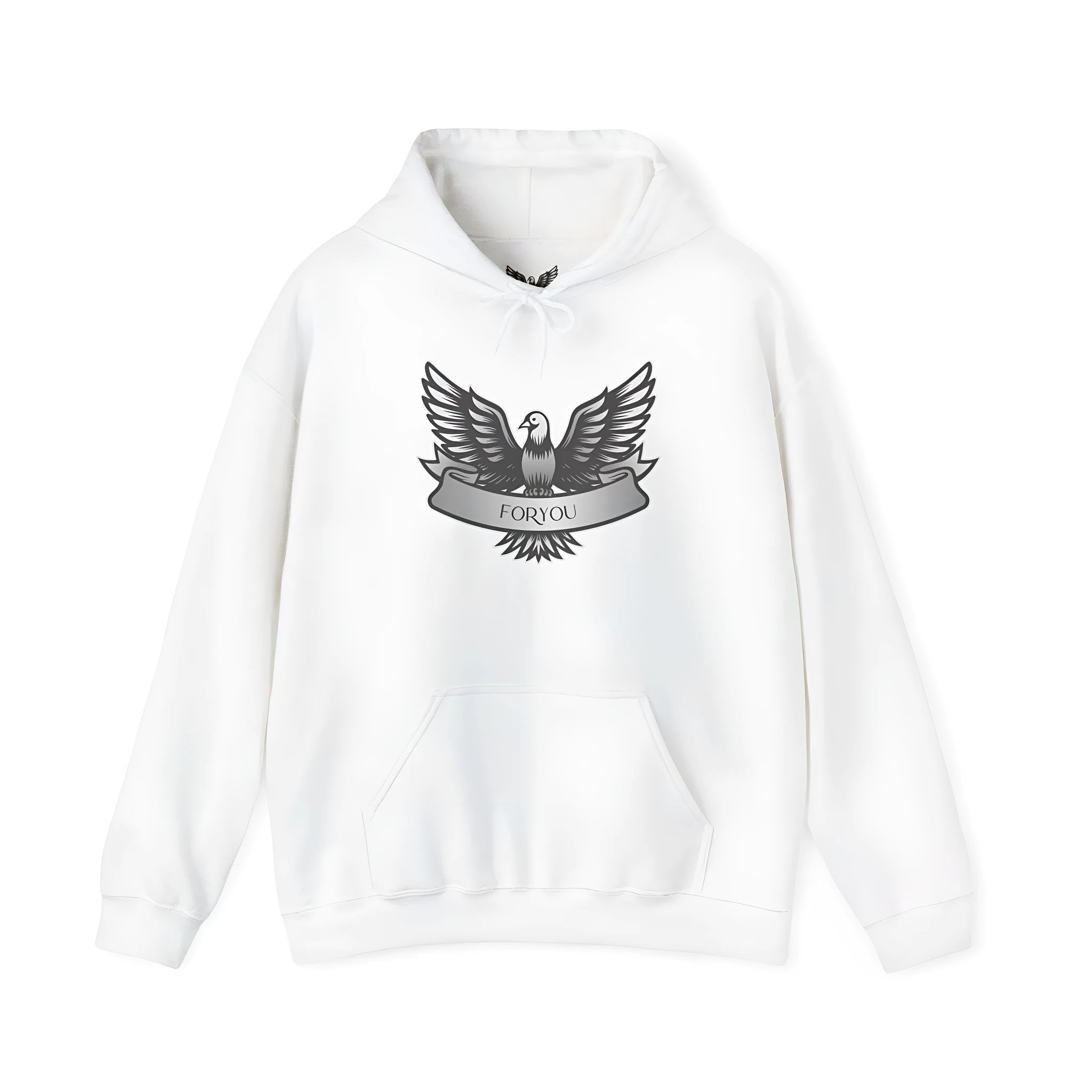 White cotton blend pullover hoodie with a hood and long sleeves laid flat.