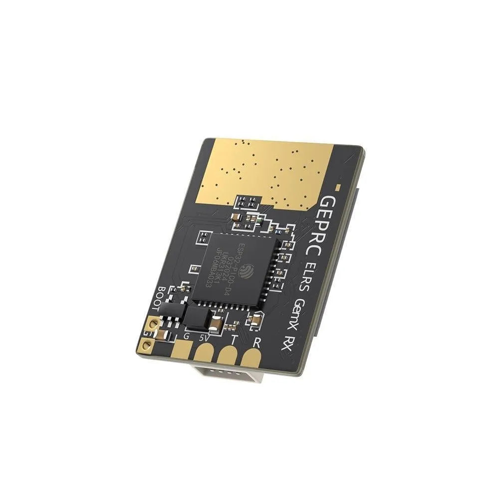 ELRS dual-frequency FPV drone receiver with metal case, two T-shaped antennas, heat shrink, and silicone wire.