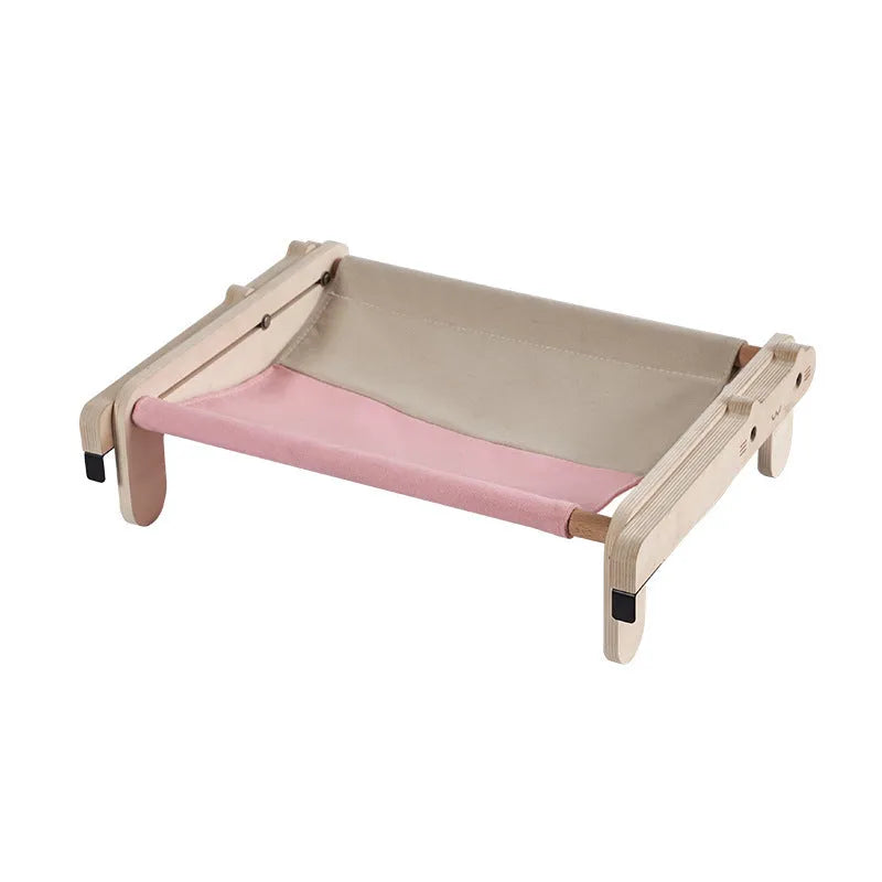 Solid wood pet bed for cats with a removable plaid cover