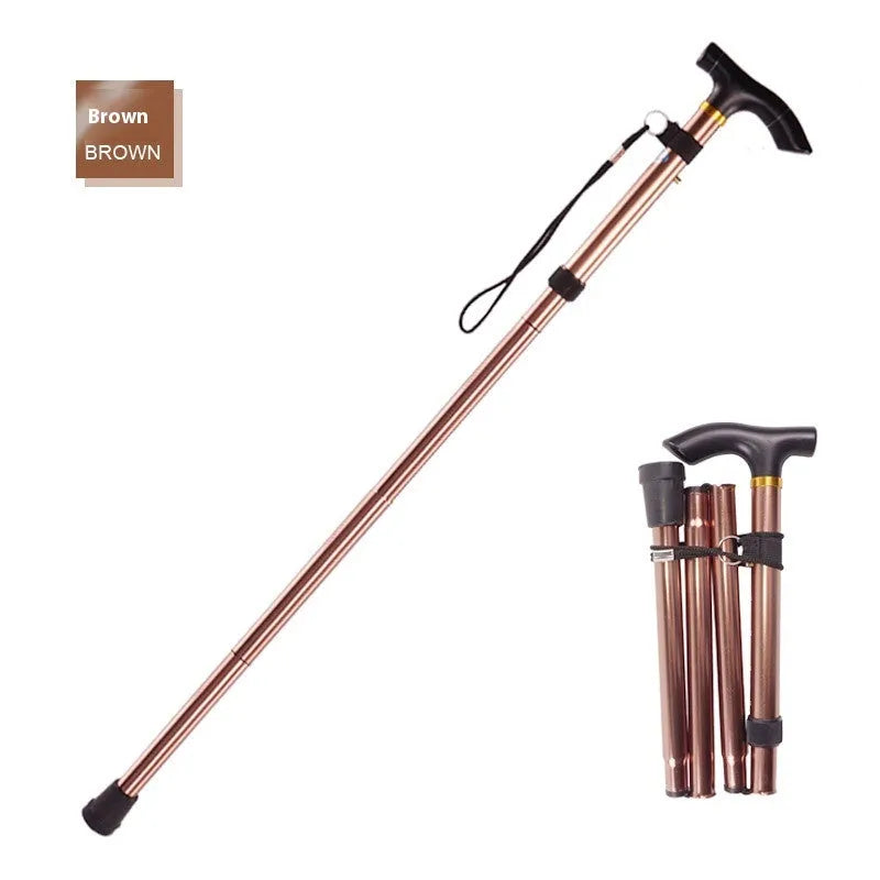 Aluminium alloy folding walking cane extended and folded, showing adjustable length and non-slip handle.