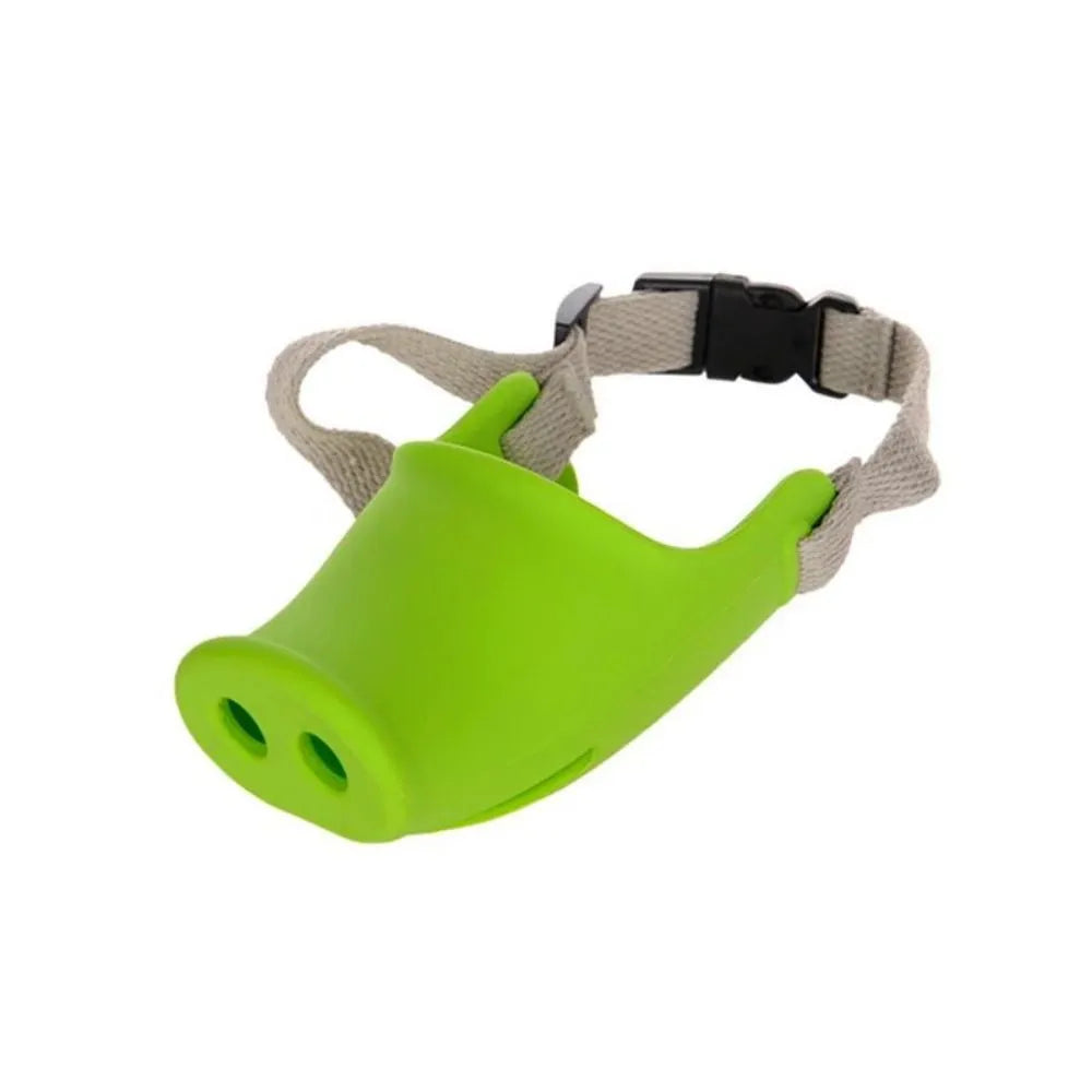 Silicone dog anti-bite mouth cover in blue and green colours showing two size options