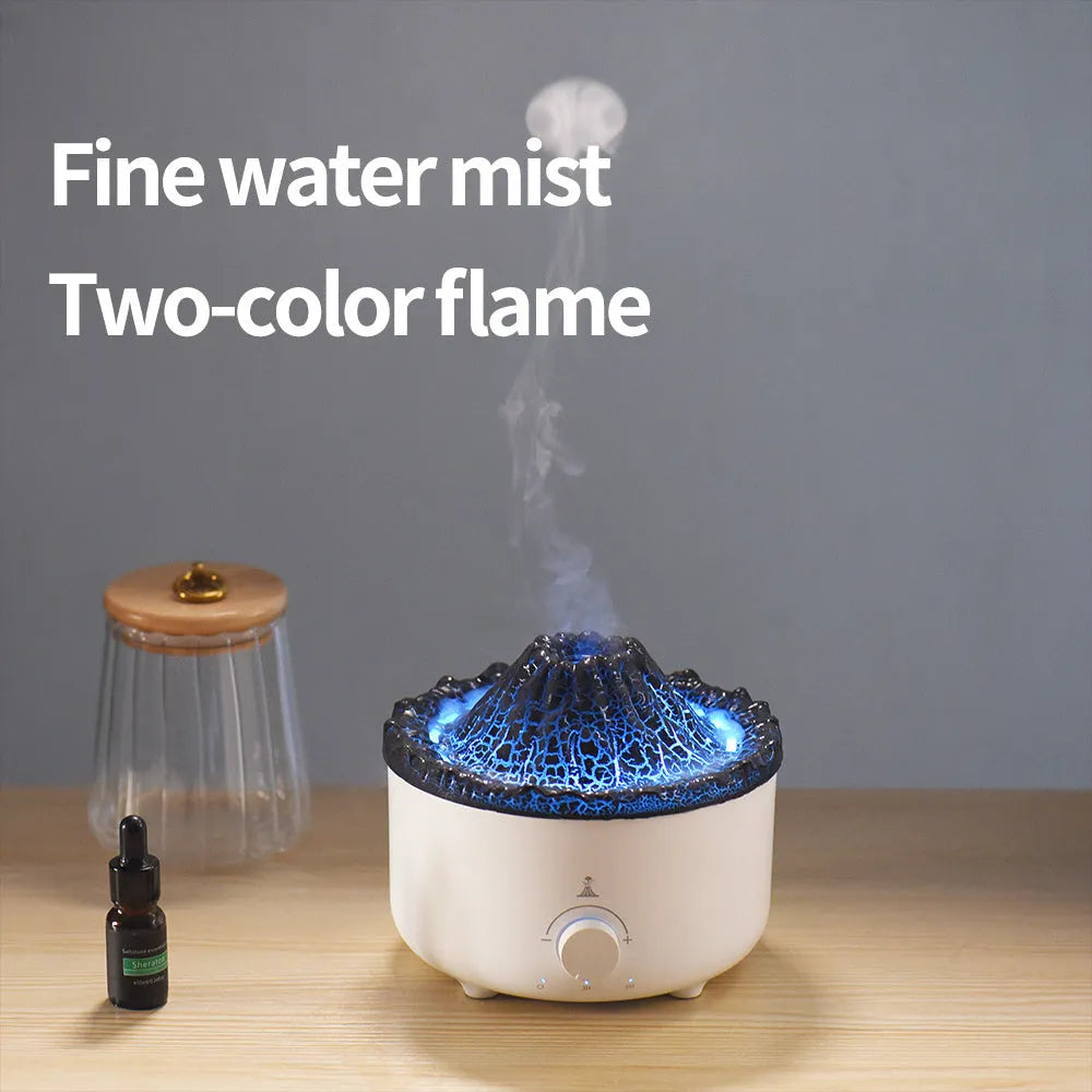 White simulated flame volcano humidifier with remote control showing orange and blue lighting effects
