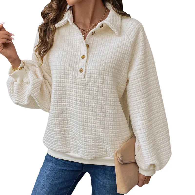 Women's milky white polo collar pullover sweater with long sleeves