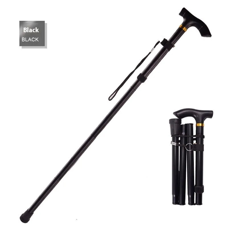 Aluminium alloy folding walking cane extended and folded, showing adjustable length and non-slip handle.