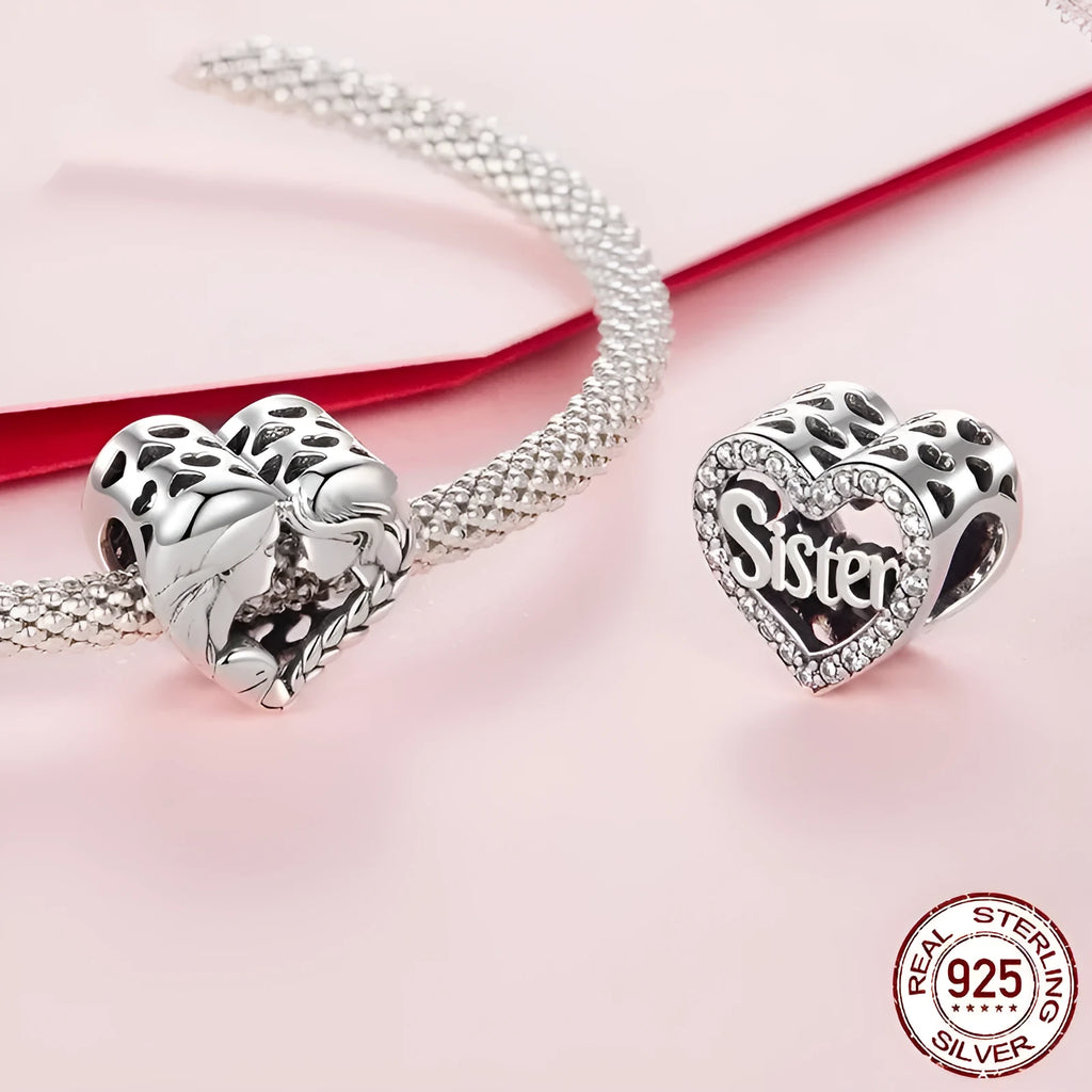 S925 silver Love Sisters charm bead, 1.0x1.1cm with 0.45cm hole, oxidation finish SCC3060
