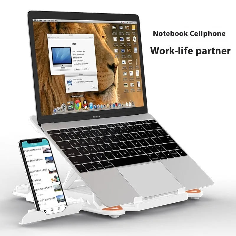 Black ABS plastic laptop bracket lifting stand with a strap phone holder on a wooden desk.